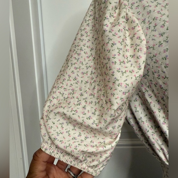 Missguided lace up front puff sleeve cream pink purple floral bodysuit US 6 - Picture 6 of 8